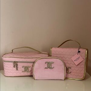 New Juicy Couture Pink Quilted Cosmetic Bag Trio with Gold Accents